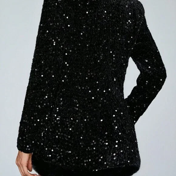 Black Party Women's Design Loose Sequin Fabric Patchwork Blazer